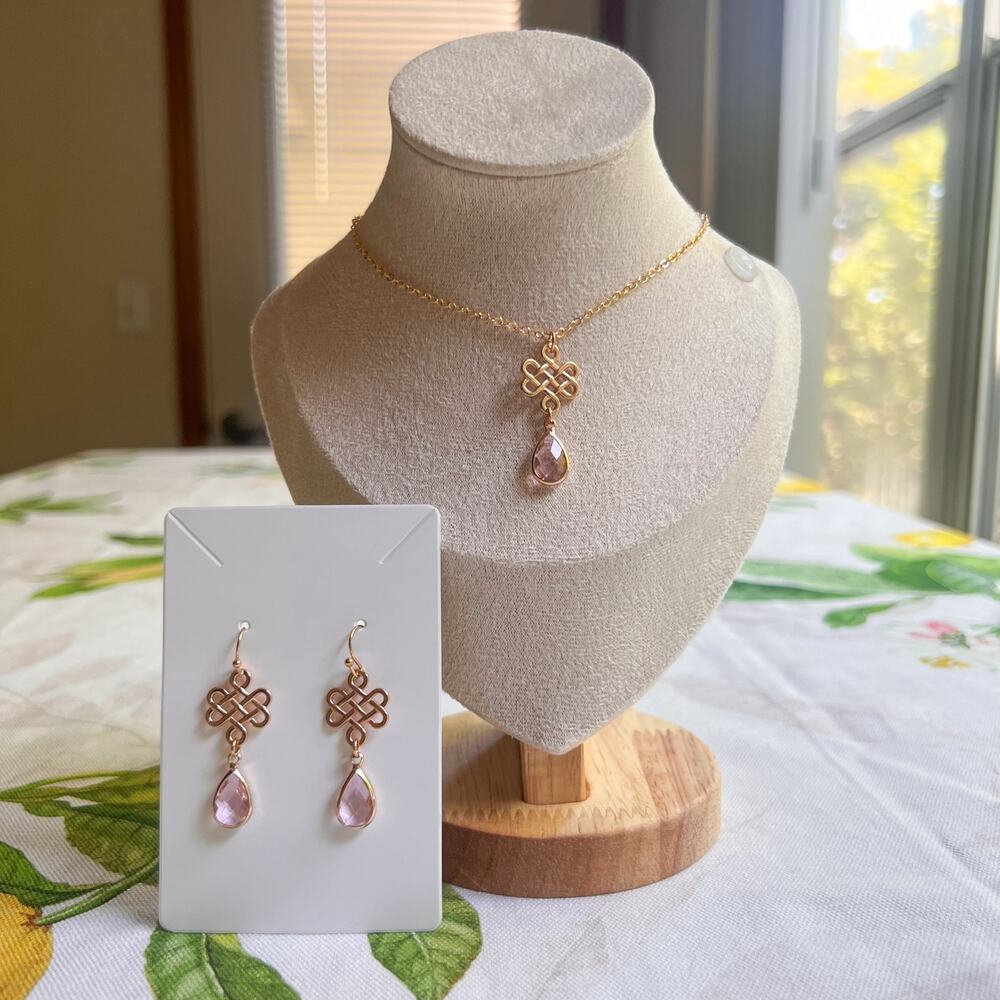 Rose Quartz Jewelry Set, Pink Celtic Infinity Forever Love Knot Casual Set
